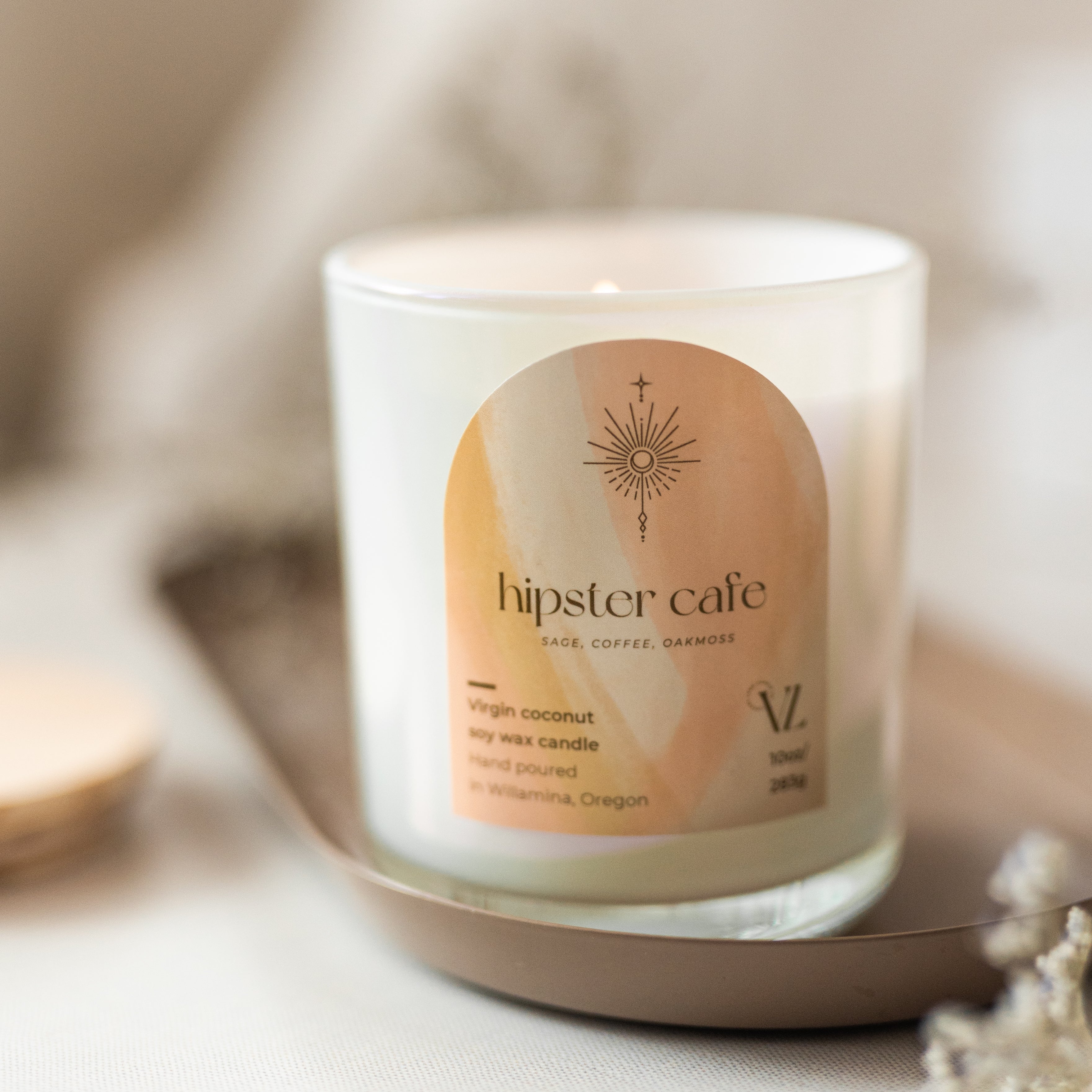 Hipster café coconut soy wax candle, Sage, coffee, oak moss