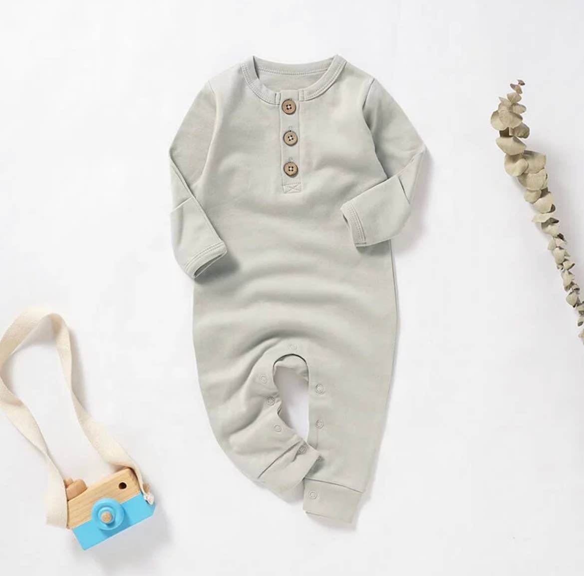 Organic Cotton Button Baby Romper: Sand / 3-6M