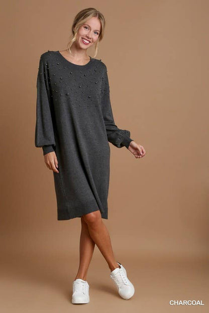 Beaded Sweater Dress: RED BRICK / L