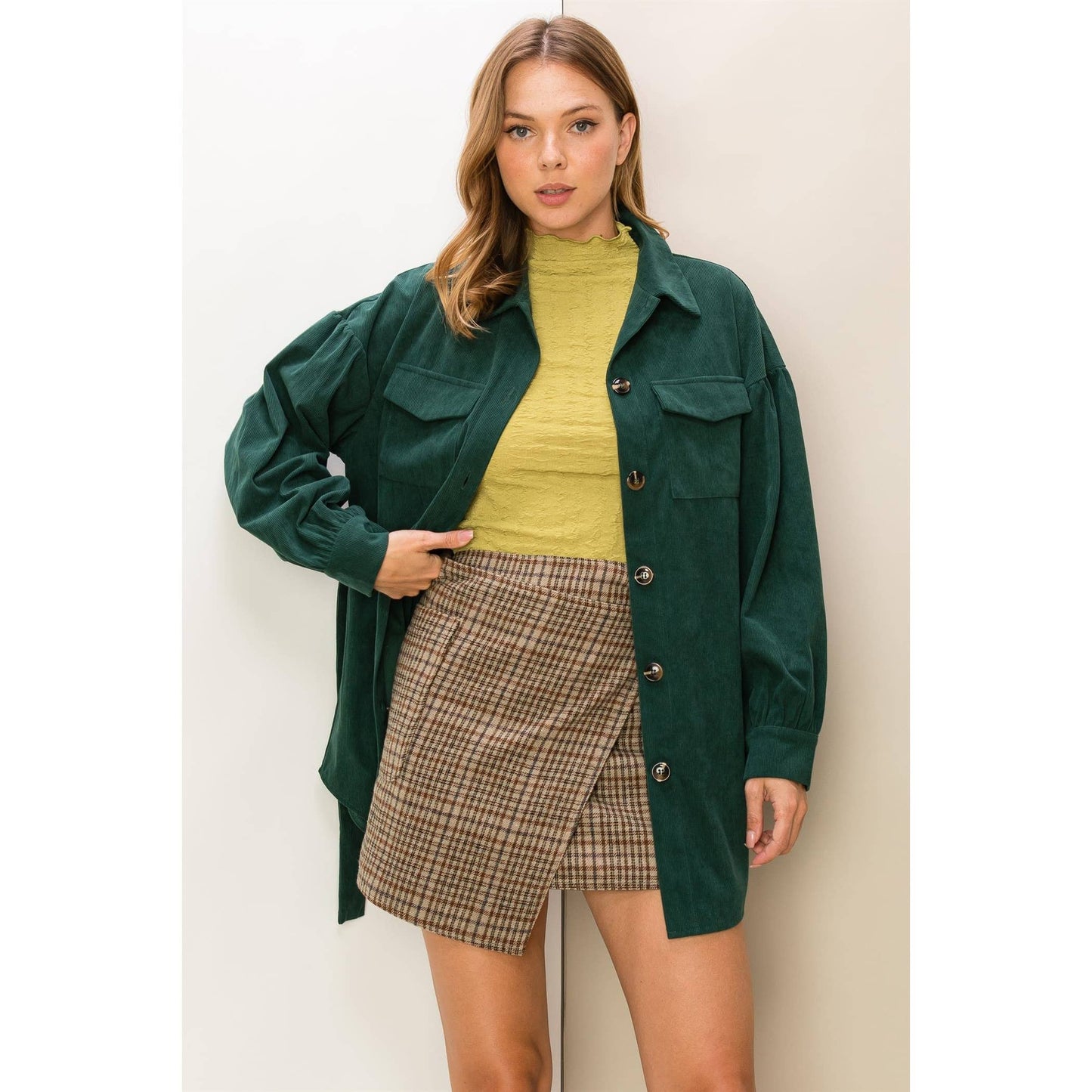 ON THE SPOT CORDUROY BELTED JACKET: DEEP GREEN / L