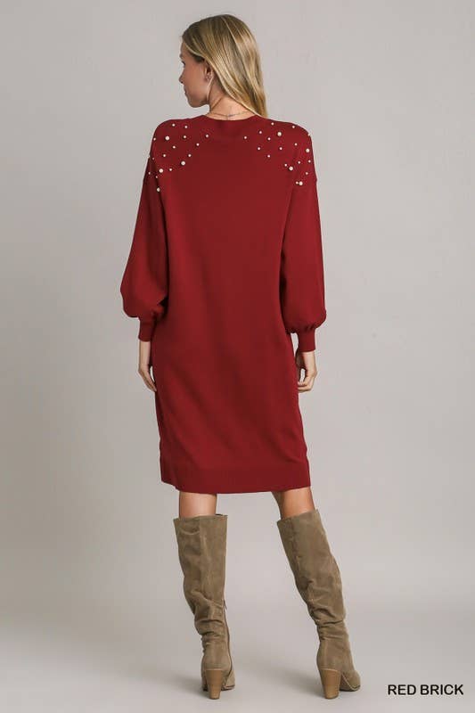 Beaded Sweater Dress: RED BRICK / L