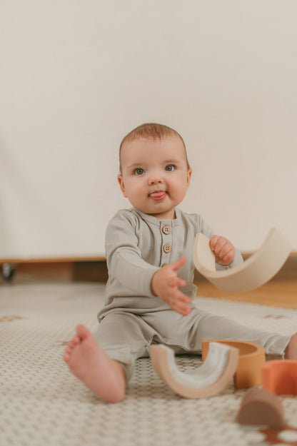 Organic Cotton Button Baby Romper: Sand / 3-6M