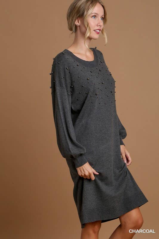 Beaded Sweater Dress: RED BRICK / L