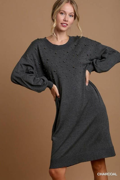 Beaded Sweater Dress: RED BRICK / L