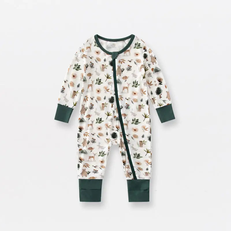 Bamboo mitten cuffed and footie cuffed zip up jammy onesie with matching hat / forest green accent