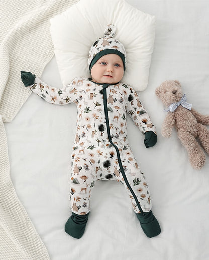 Bamboo mitten cuffed and footie cuffed zip up jammy onesie with matching hat / forest green accent