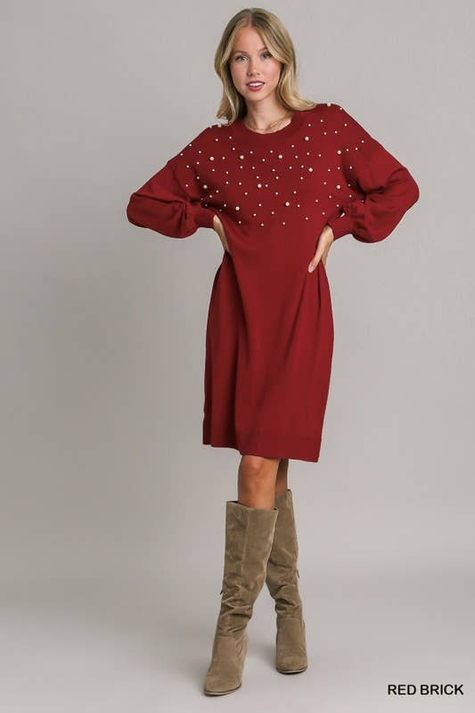 Beaded Sweater Dress: RED BRICK / L