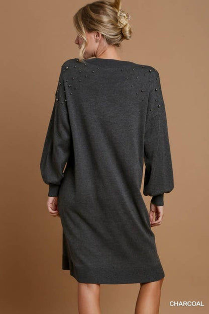 Beaded Sweater Dress: RED BRICK / L