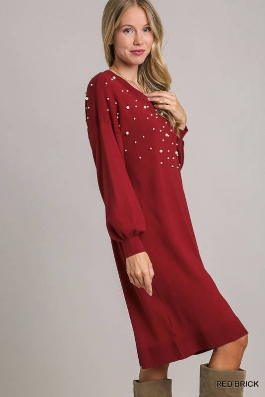 Beaded Sweater Dress: RED BRICK / L