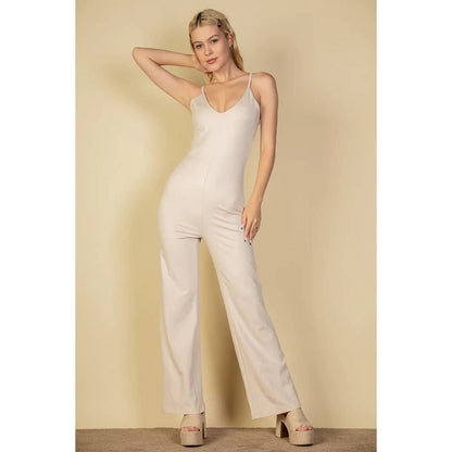 V neck camisole jumpsuit wide straight cut pant: WHITE / S