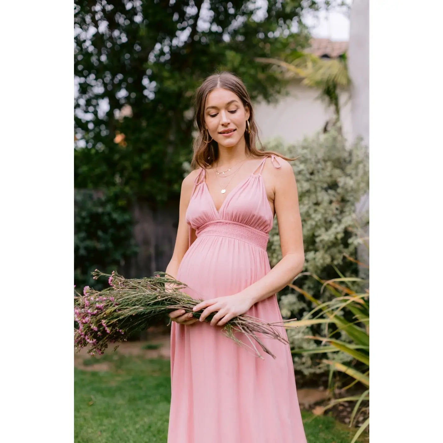 Rose Maxi Spaghetti Strap Tied Smocked Waist Full Lined Maternity Dress