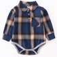 Blue plaid stripes collared baby long sleeve bodysuit
