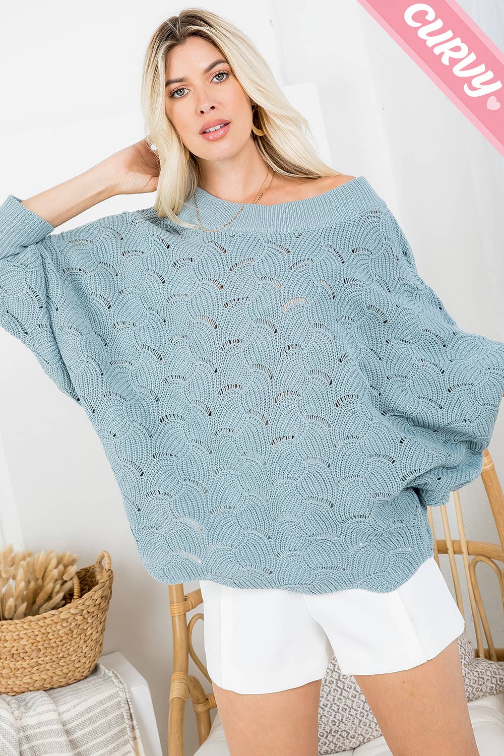 BOATNECK SCALLOP SWEATER PLUS SIZE: MISTY BLUE / 2XL