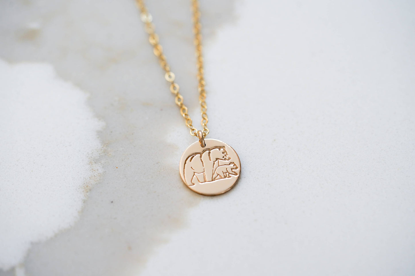 Mama and Baby Bear Disc Necklace - Minimalist Jewelry - Hand Stamped