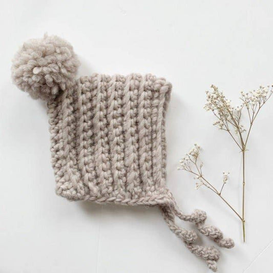 New Lambswool Hand-crocheted Chunky Baby bonnet with large Pompom