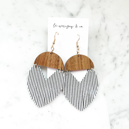 Fringe Suede and Wood Earrings - Black and White Stripe