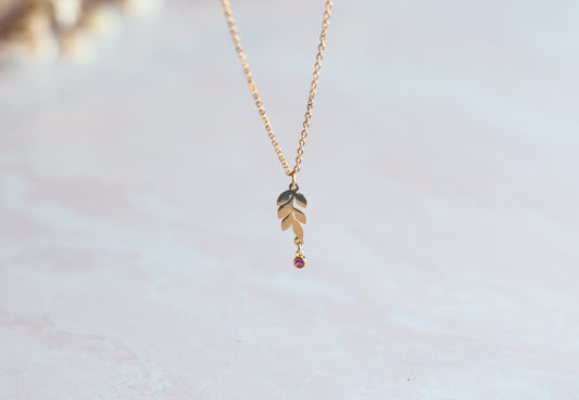 Single gold leaf dainty necklace with tiny sterling silver magenta gemstone - handmade - gold plated stainless steel