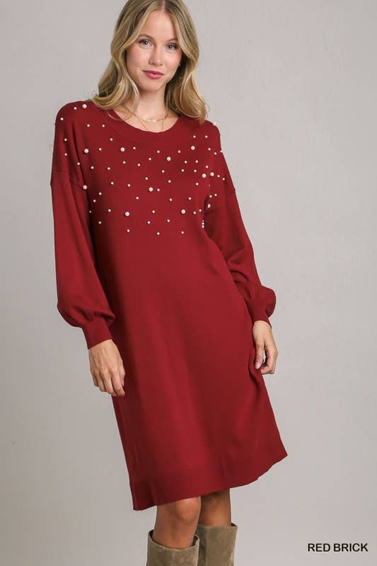 Beaded Sweater Dress: RED BRICK / L