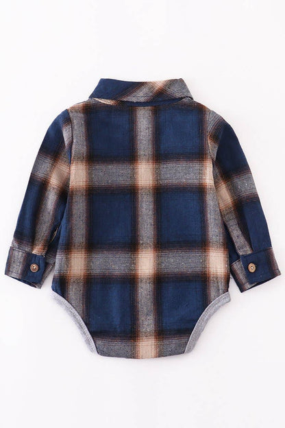 Blue plaid stripes collared baby long sleeve bodysuit