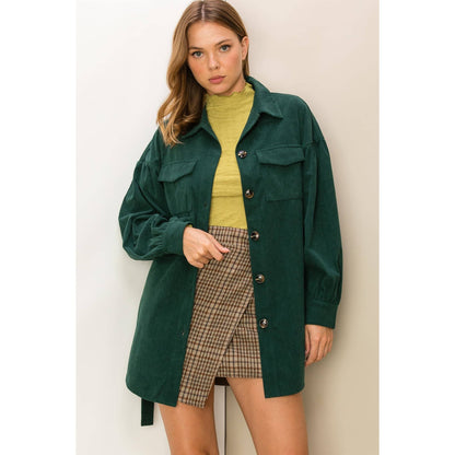 ON THE SPOT CORDUROY BELTED JACKET: DEEP GREEN / M