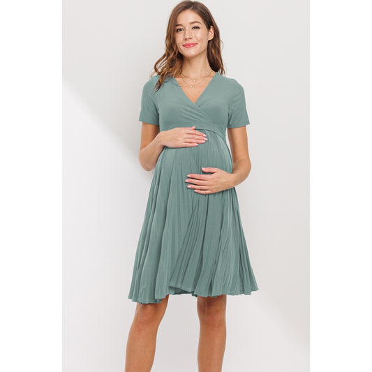 Pleated V-Neck Short Sleeve Maternity Dress / Nursing Friendly - Sage